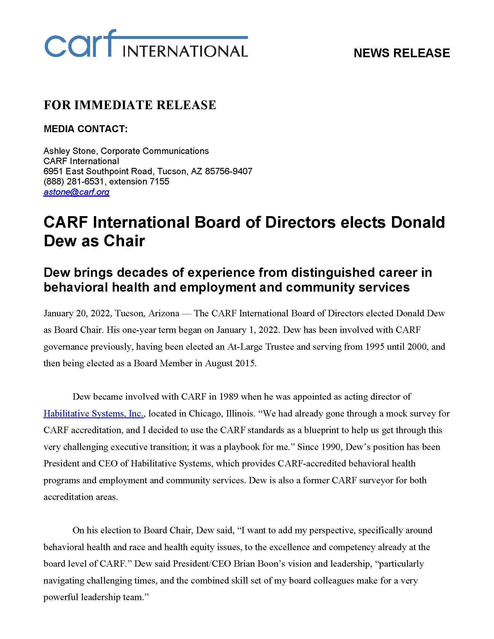CARF International Board of Directors elects Donald Dew as Chair Page 1