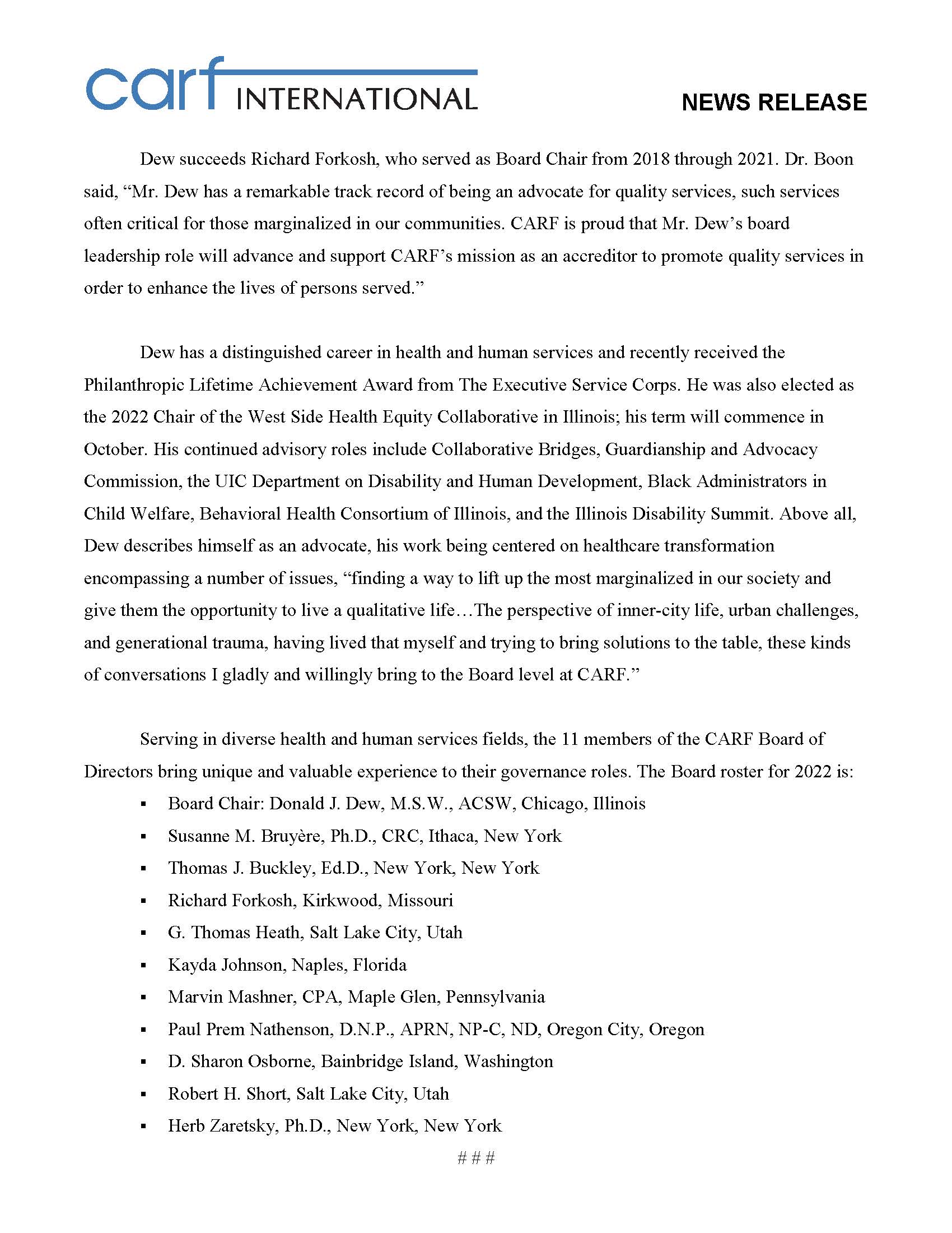 CARF International Board of Directors elects Donald Dew as Chair Page 2